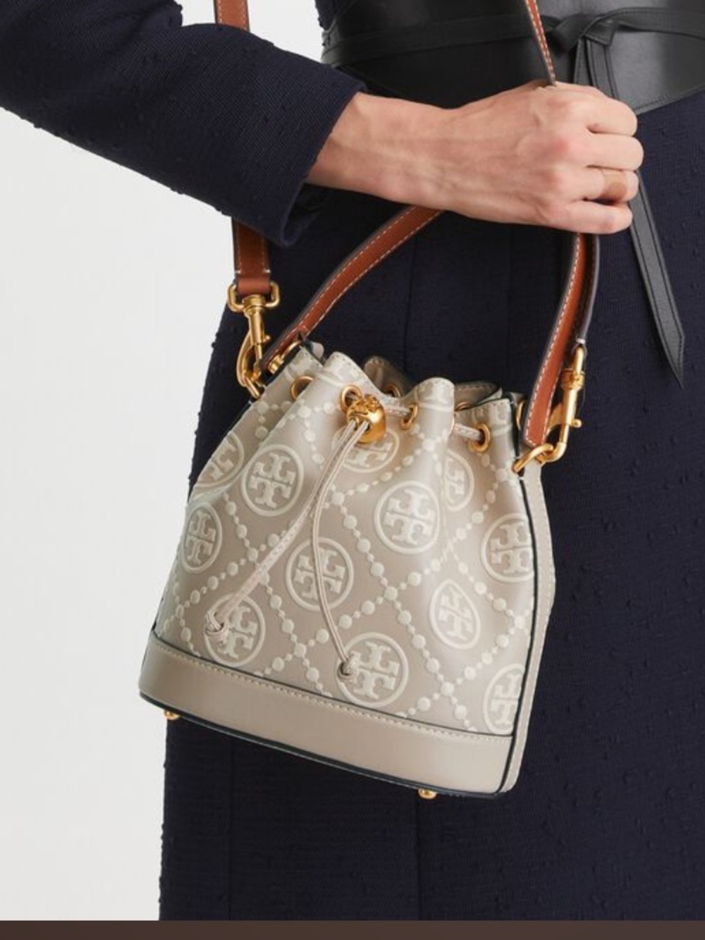 Tory Burch 

T MONOGRAM LEATHER CONTRAST EMBOSSED BUCKET BAG